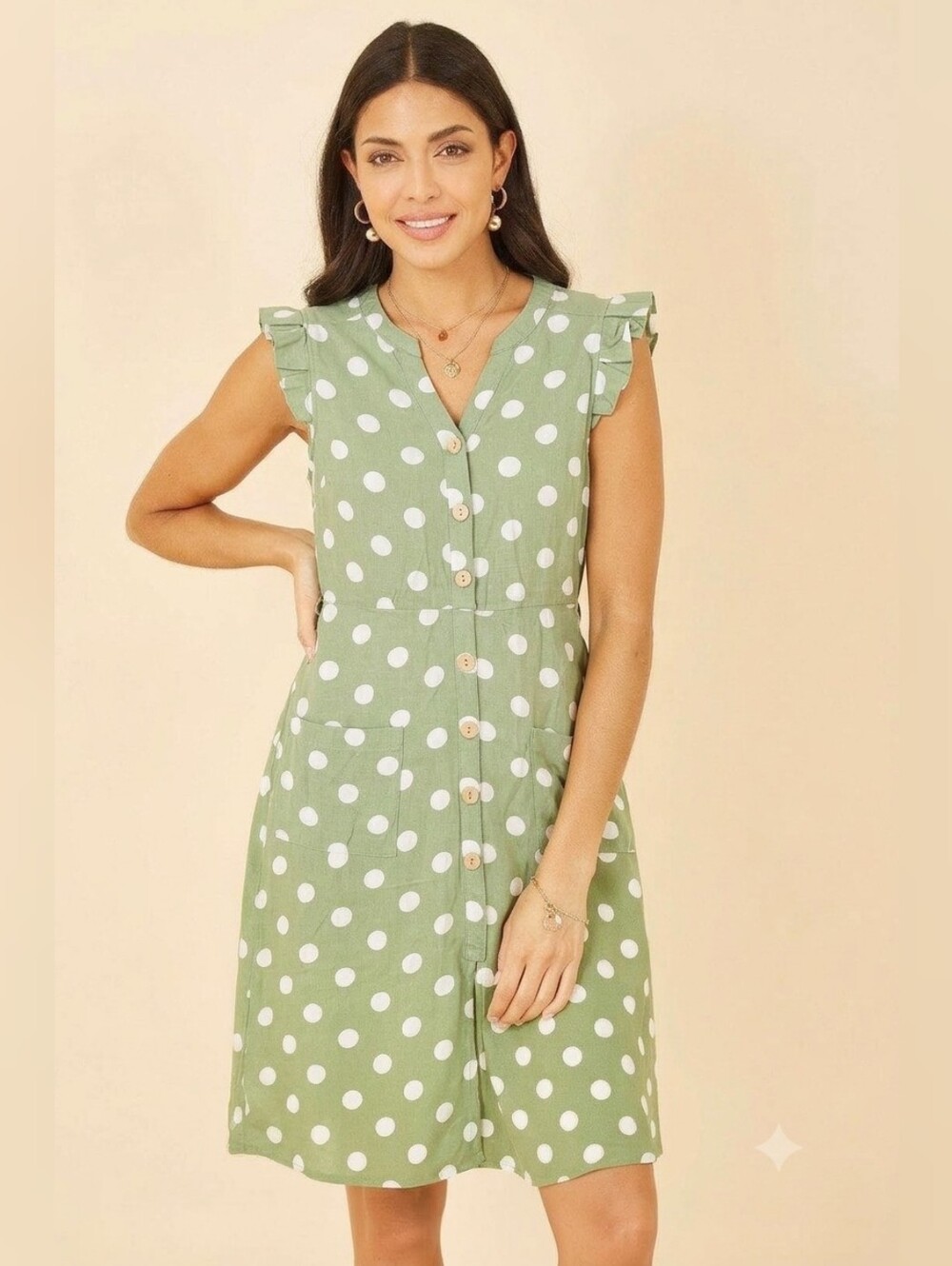 Monteau Sage Green Linen Polka Dot Flutter Sleeve Casual Retro Boho Mini Dress M
